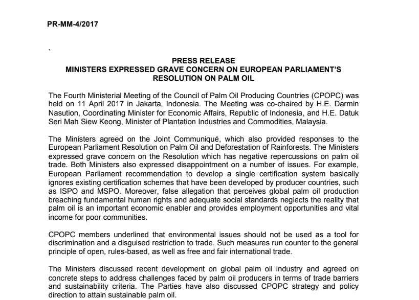 PRESS RELEASE: 4TH MINISTERIAL MEETING OF CPOPC